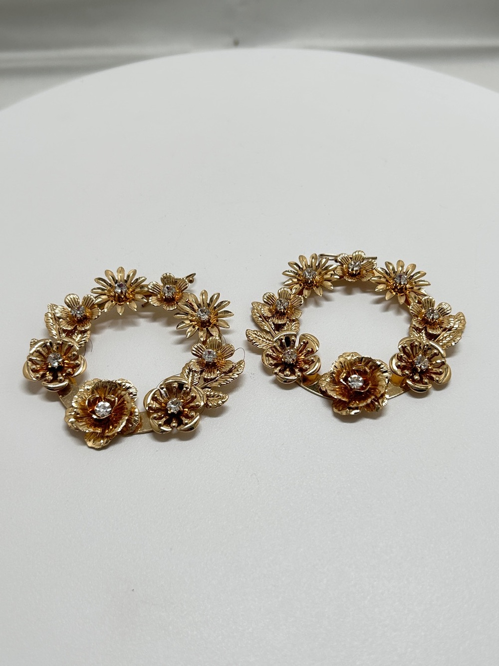 Large Dangly Gold And Crystal Floral Circle Earrings, Wires, Lightweight
